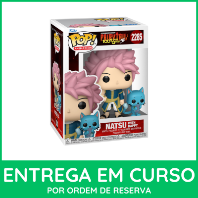 Boneco Funko POP! Natsu with Happy da série Fairy Tail 100 Years Quest na embalagem