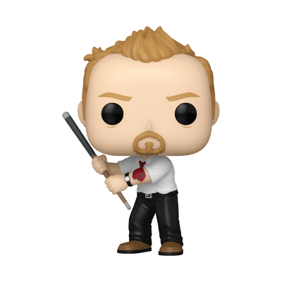 Figura Funko Pop personagem com camisa branca, gravata vermelha e bastão preto