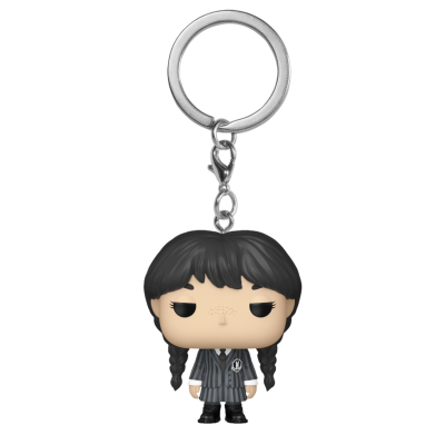 Chaveiro Funko Pop personagem com cabelo preto e fato risca de giz