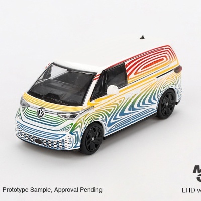 Miniatura de carrinha Volkswagen com linha colorida e texto promocional