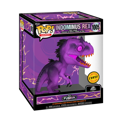 Funko Pop Indominus Rex roxo em caixa com detalhes de relâmpagos