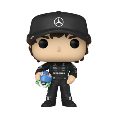 Figura Funko Pop de piloto de Fórmula 1 com fato preto e capacete.