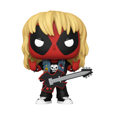 Boneco Funko Pop de Deadpool com cabelo loiro a tocar guitarra elétrica
