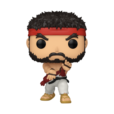 Figura Funko Pop de personagem masculino com faixa de cabeça vermelha e pose de combate