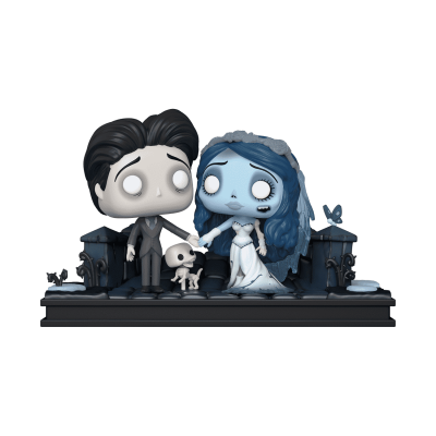 Figura decorativa Funko Pop em cemitério com casal de personagens e cão pequeno