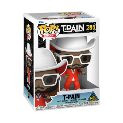 Figura Funko Pop! T-Pain vestindo terno vermelho e chapéu branco numa caixa com janela
