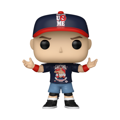 Figurine Funko Pop de John Cena com boné azul e vermelho e t-shirt azul escura com texto