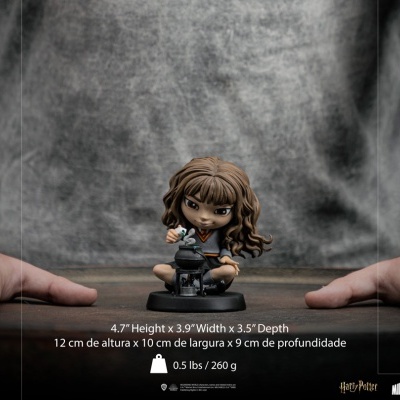 Figura colecionável Hermione Granger com skate em fundo cinzento.