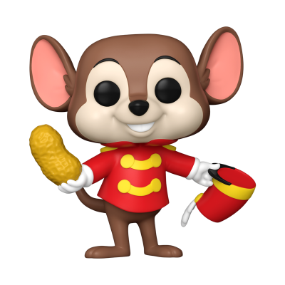 Figura Funko Pop de rato castanho com casaco vermelho e luvas brancas segurando amendoim e chapéu