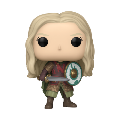 Figura Funko Pop feminina com cabelos loiros e roupa medieval, segurando espada e escudo.