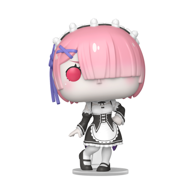 Figura colecionável Funko Pop de personagem com cabelo rosa e vestido de maid preto e branco