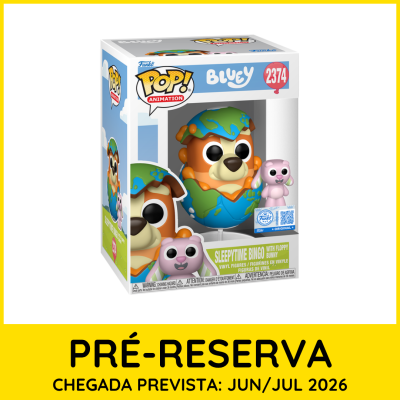 Caixa Funko Pop Bluey nº 2374 com figuras de vinil de Bluey e coelho rosa