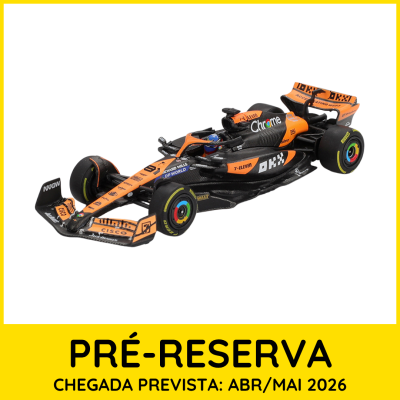 Modelo de carro de Fórmula 1 preto e laranja com marcas e fundo branco com moldura amarela