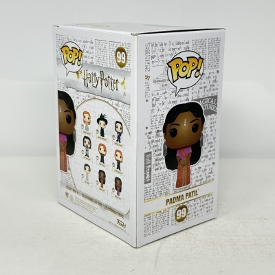 Caixa Funko POP Harry Potter Padma Patil número 99 com design branco e texto preto e dourado
