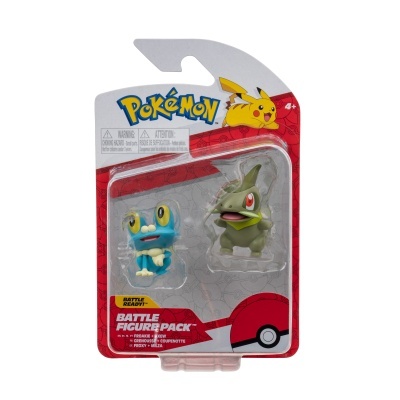 Pack de figuras Pokémon Battle Ready com duas personagens em embalagem redonda e vermelha.