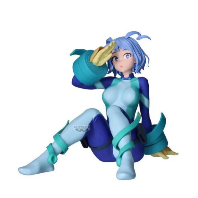 Figura colecionável de personagem feminina com fato azul e cabelo azul claro