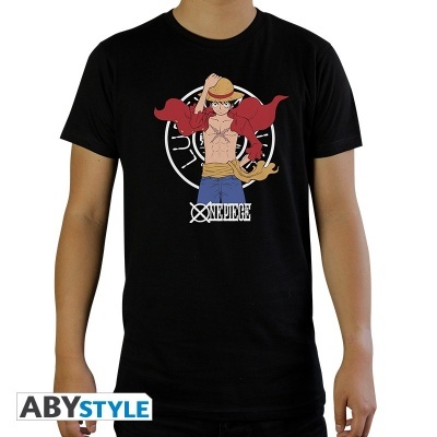 Camiseta preta com estampa do personagem Luffy do anime One Piece.