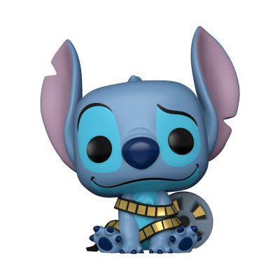 Boneco Funko Pop do Stitch azul com fita dourada e cinza