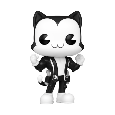 Figura Funko Pop de gato preto e branco com roupa preta e detalhes brancos
