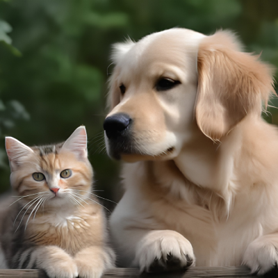 Gato castanho claro com listras e cão Retriever dourado ao lado na madeira