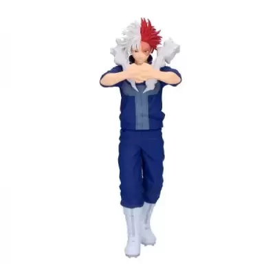 Figura de ação de personagem com cabelo bicolor, fato azul e botas brancas