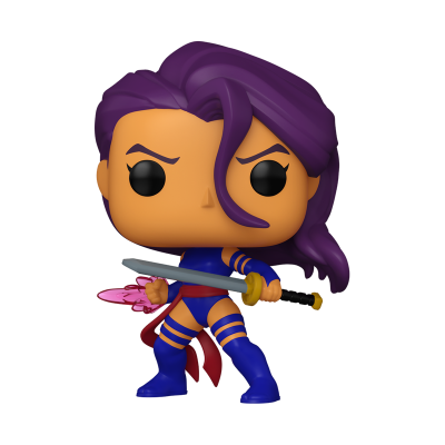 Figura Funko Pop de personagem feminina com cabelo roxo e roupa azul segurando espada.