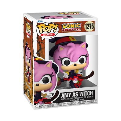 Boneca Funko Pop Amy como bruxa da série Sonic The Hedgehog na caixa.
