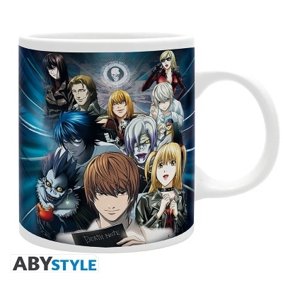 Caneca branca com personagens do anime Death Note em fundo azul