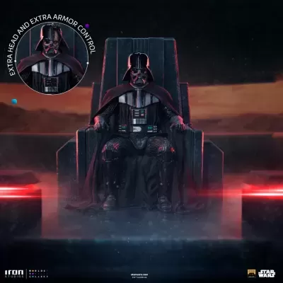 Estatueta de Darth Vader sentada num trono preto com armadura detalhada