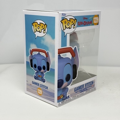 Caixa Funko POP! Disney Lilo & Stitch Gamer Stitch nº 1229 com figura azul e auscultadores