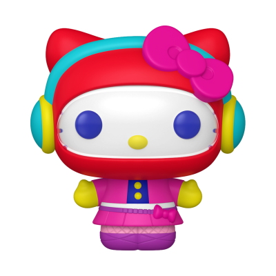Figura colecionável estilo Hello Kitty com cores vermelho, rosa, roxo e amarelo.