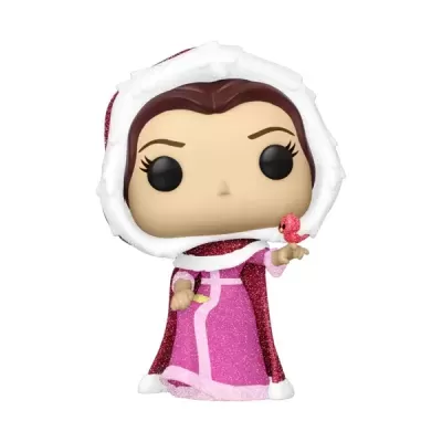 Figura Funko Pop feminina com vestido rosa e vermelho com pelo branco, segurando um pássaro rosa