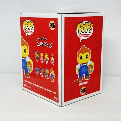 Caixa Funko Pop! Lard Lad The Simpsons nº 906 com fundo vermelho e personagens da série