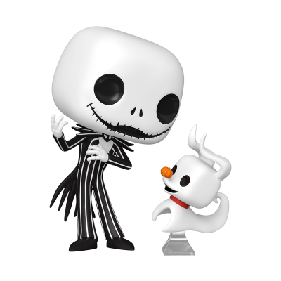 Duas figuras colecionáveis de vinil, uma personagem esquelética com fato às riscas e um cão fantasma branco.