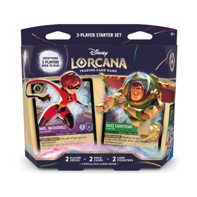 Conjunto inicial para 2 jogadores do jogo de cartas Disney Lorcana com cartas Mrs. Incredible e Buzz Lightyear