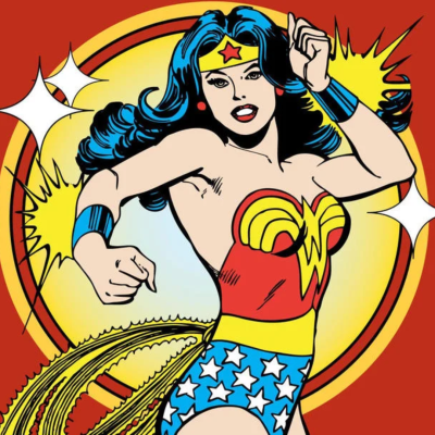 Personagem de banda desenhada feminina com roupa colorida e brilhos de fundo