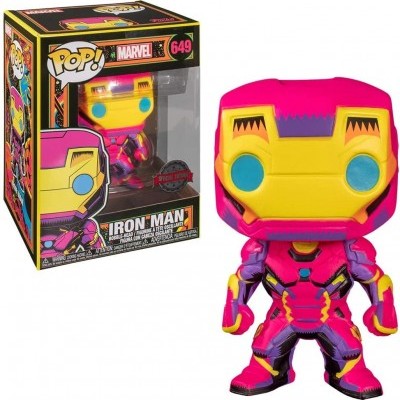 Figura Funko Pop! do Iron Man rosa e amarelo com caixa da coleção Marvel
