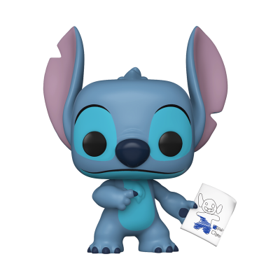 Figura de vinil azul da personagem Stitch com orelhas grandes lilás segurando desenho