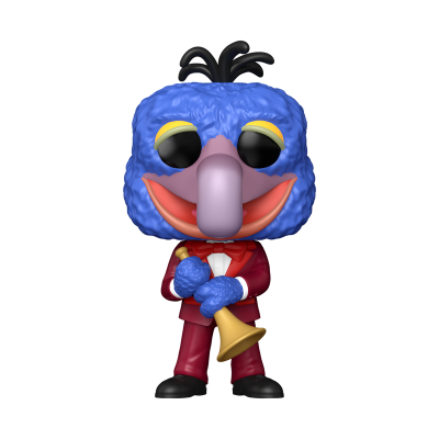 Figura Funko Pop do personagem Grover da Sesame Street com fato vermelho e trompa amarela