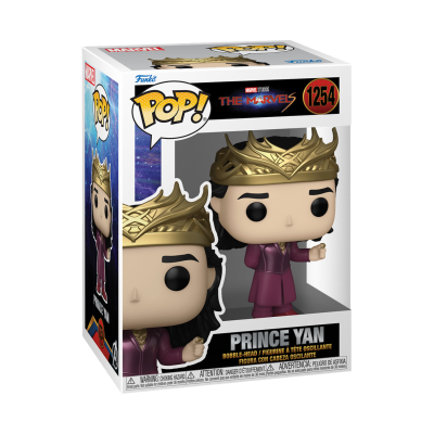 Funko Pop Prince Yan da série The Marvels com coroa dourada e roupa roxa em caixa