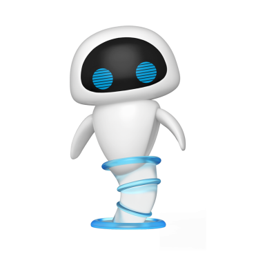Figura decorativa de robô branco com olhos azuis e base espiral azul