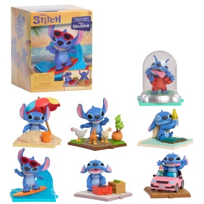 Figuras de Stitch em poses diferentes com acessórios coloridos