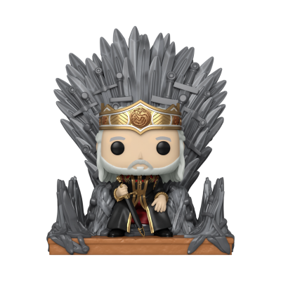 Figura Funko Pop de rei no trono de espadas cinzentas com coroa dourada e roupa preta e vermelha