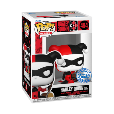 Figura Funko Pop! Harley Quinn vermelha e preta na caixa