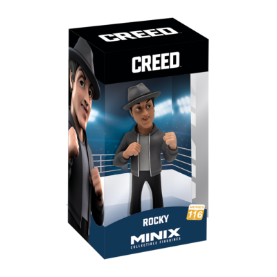 Figura colecionável Rocky da série Creed em embalagem preta com texto e imagem do personagem.