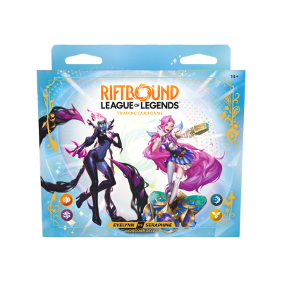 Pacote de jogo de cartas Riftbound League of Legends com personagens Evelynn e Seraphine