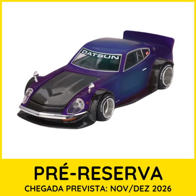 Miniatura de carro desportivo Datsun roxo e preto com spoiler e pneus largos