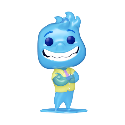 Figura Funko Pop azul com camisa amarela e gravata roxa.