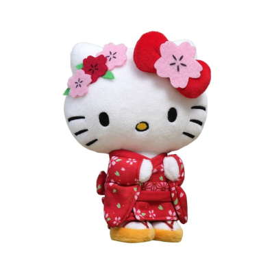 Pelúcia Hello Kitty com quimono vermelho e laço com flor cor-de-rosa