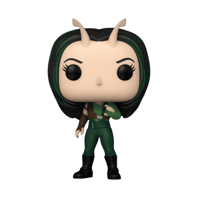 Figura colecionável Funko Pop com antenas, cabelo negro e roupa verde